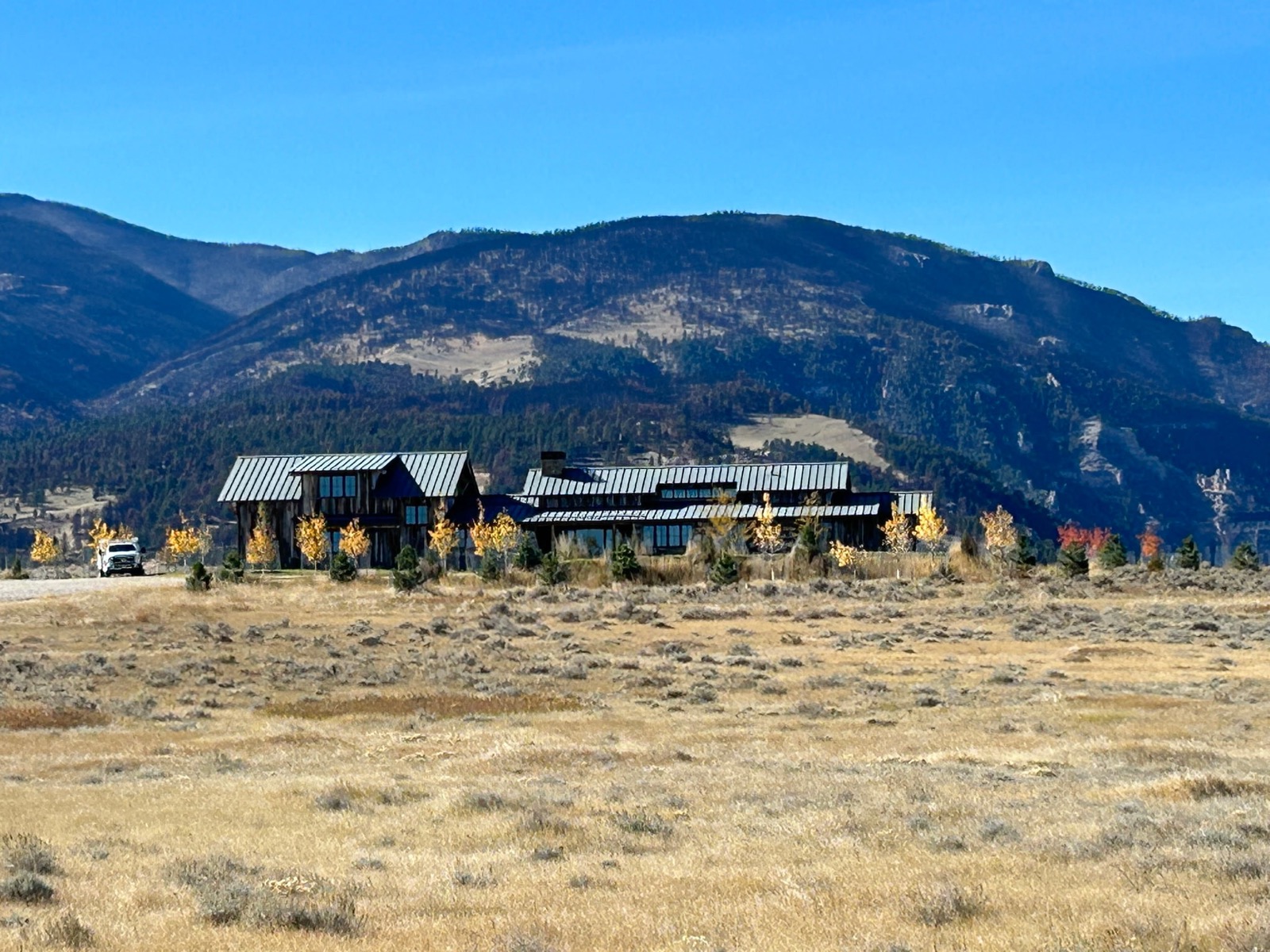 Dayton residential — completed landscape with mature trees and mountain backdrop